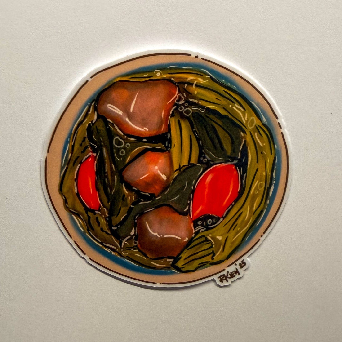 Top down view of a bowl of Sinigang in an illustrative style